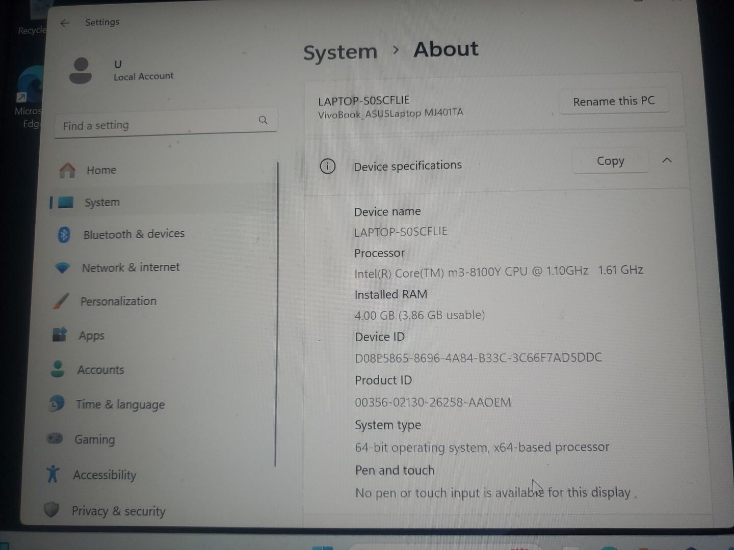 ASUS ImagineBook MJ401TA 14″ 1.1GHz 4GB RAM 128GB SSD Intel m3-8100Y