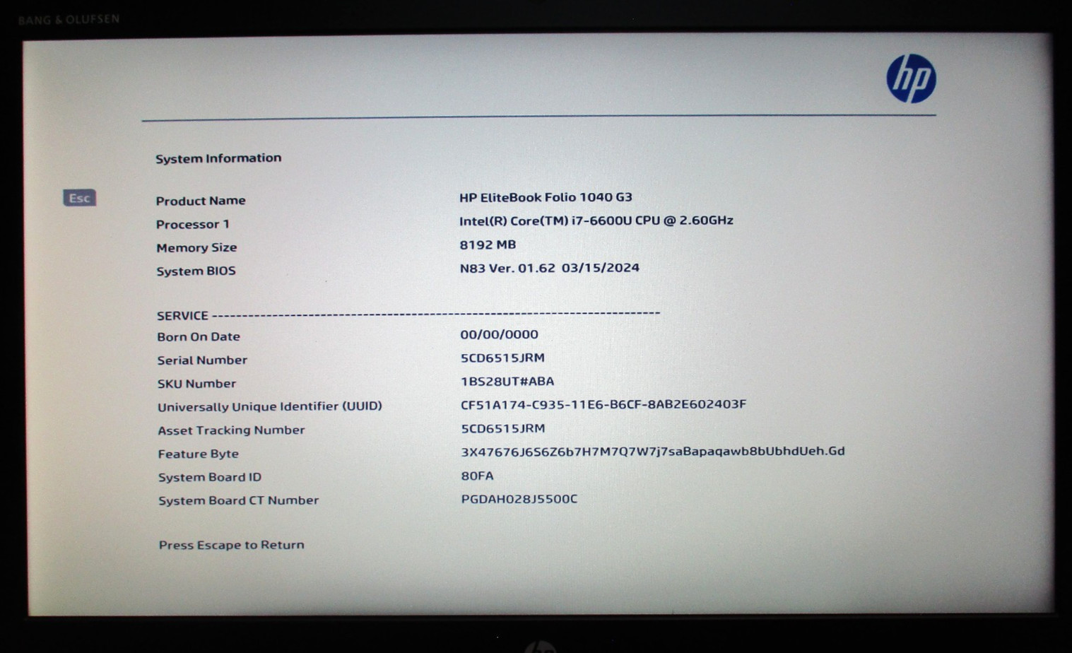HP Elitebook Folio 1040 G3 14″ i7-6600U 2.6GHz 8GB RAM NVMe 256 GB SSD/ W10 Pro