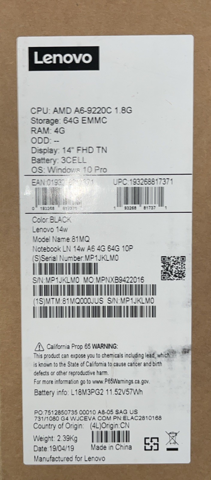 NEW Lenovo 14w AMD A6-9220C 1.8GHz 4GB Ram 64GB eMMC, Windows 10 Pro 81MQ000JUS