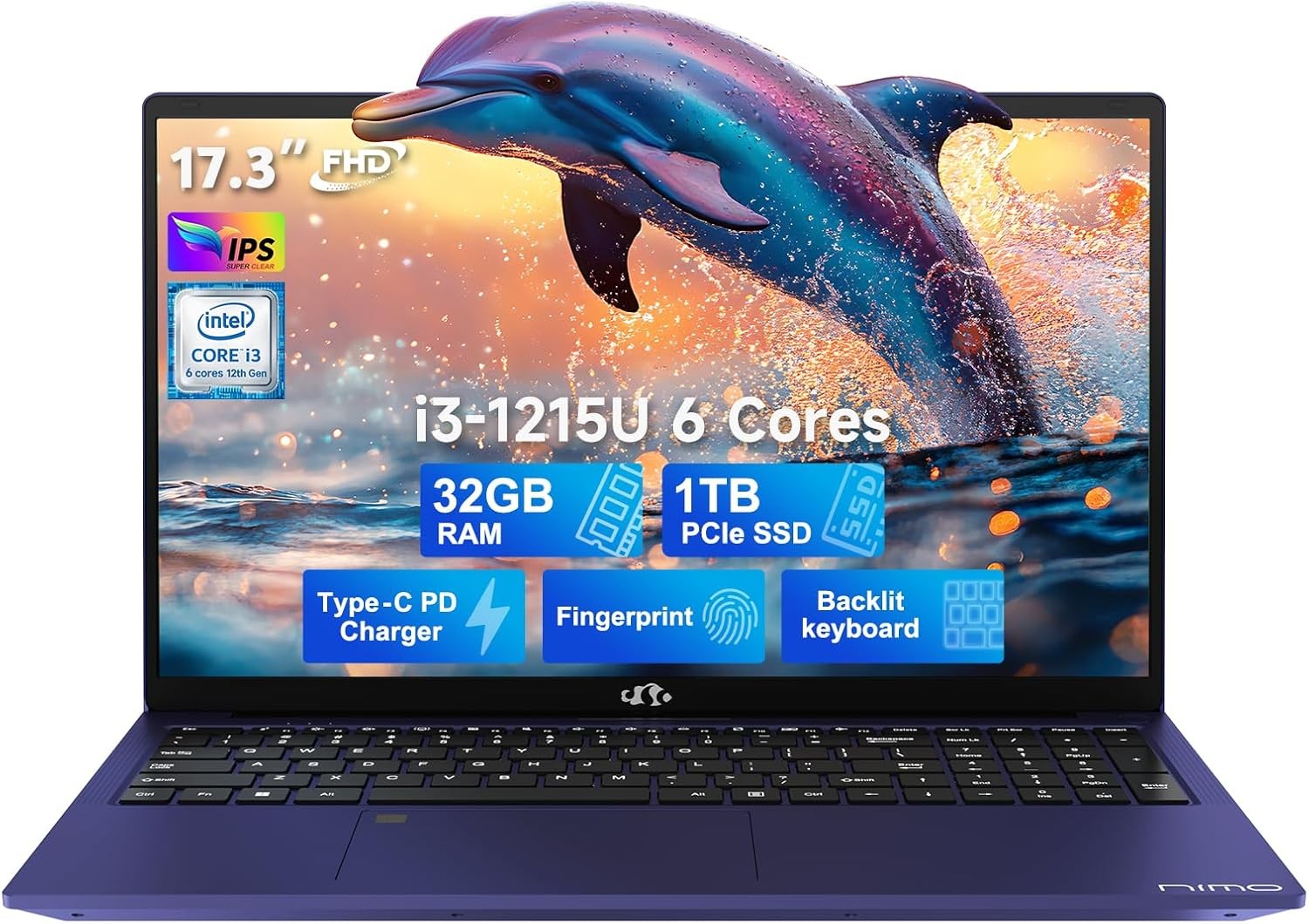 NIMO 17.3 FHD-Laptop, Intel 6-Cores i3-1215U 32GB RAM 1TB SSD 65W Type-C Win 11