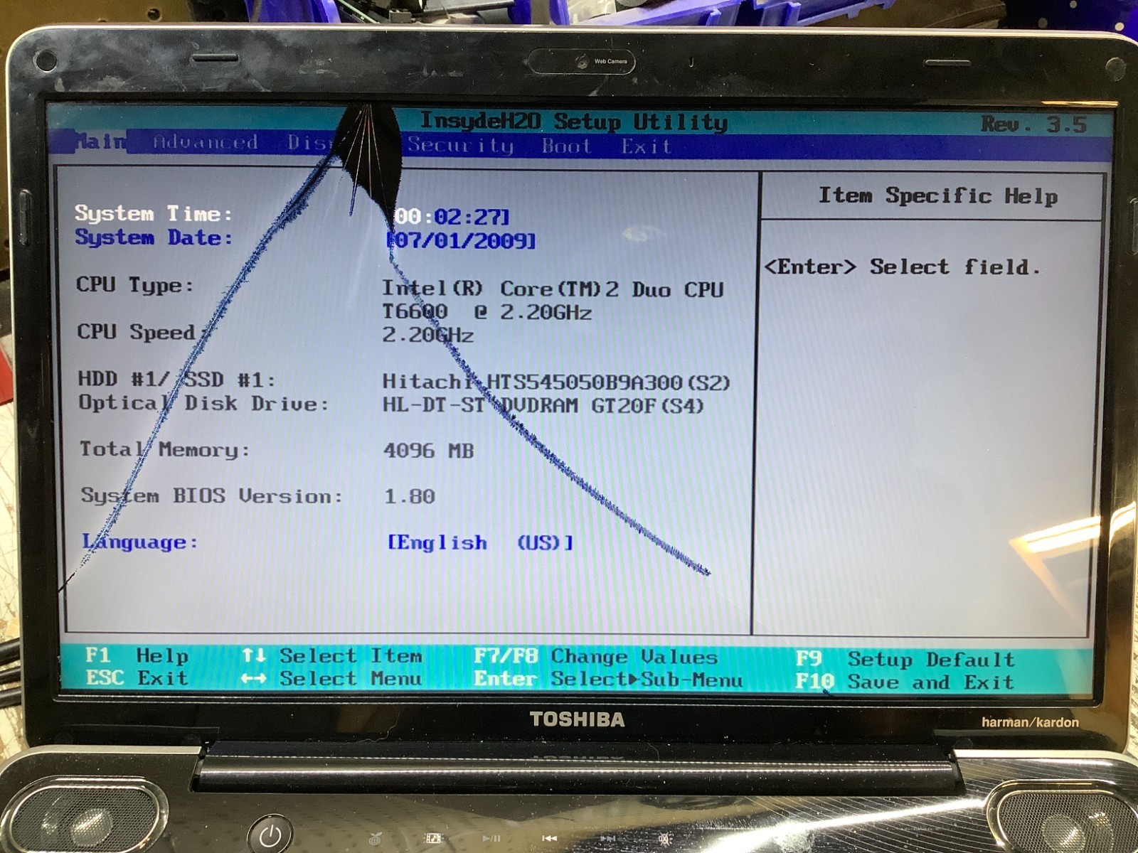 Toshiba Satellite A505-S6980 Intel Core 2 Duo T6600 2.2GHz 4 GB NO HDD CRACKED