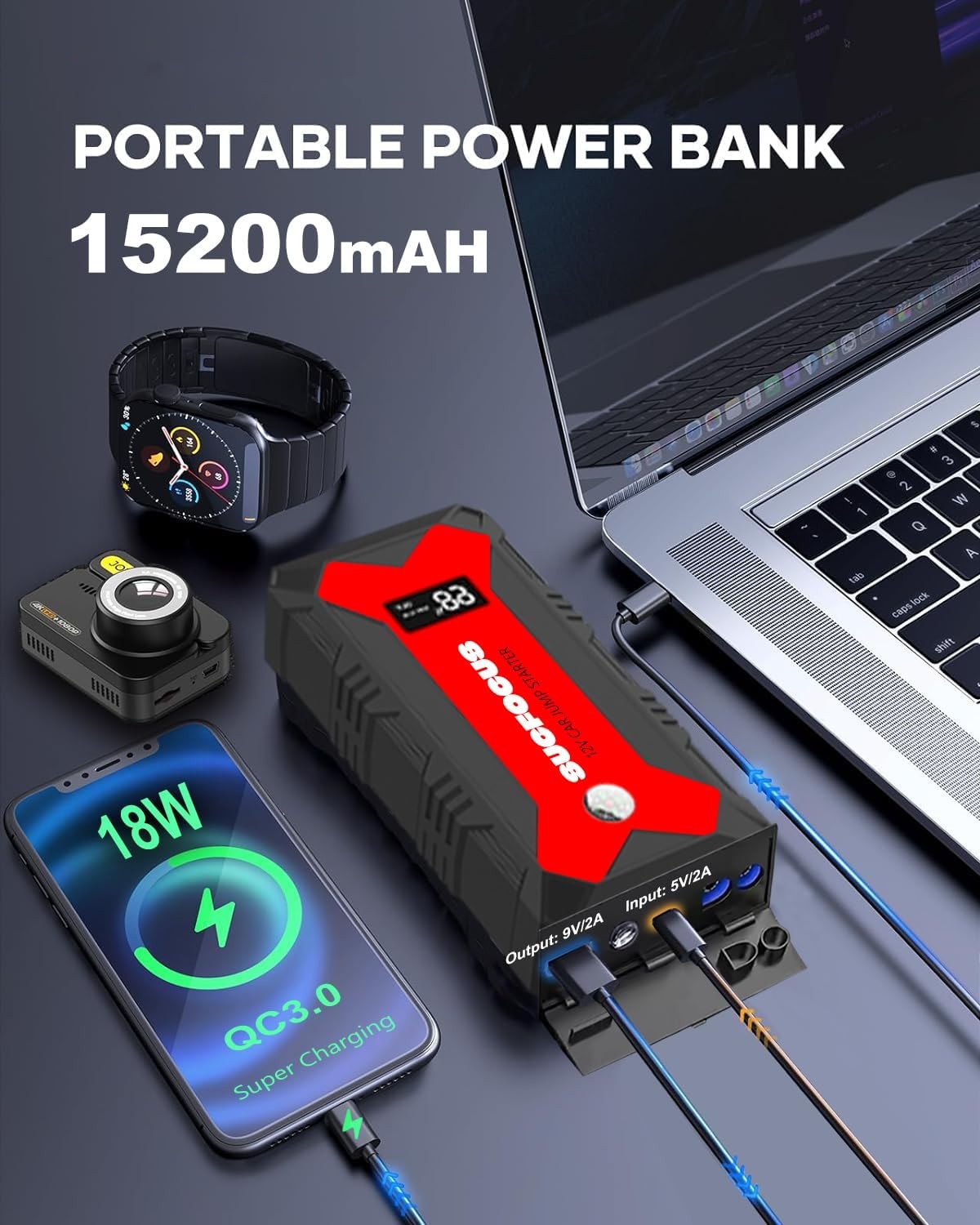 Portable Car Jump Starter 2500A for 8.0L Gas/7L Diesel, LED Light, USB QC3.0