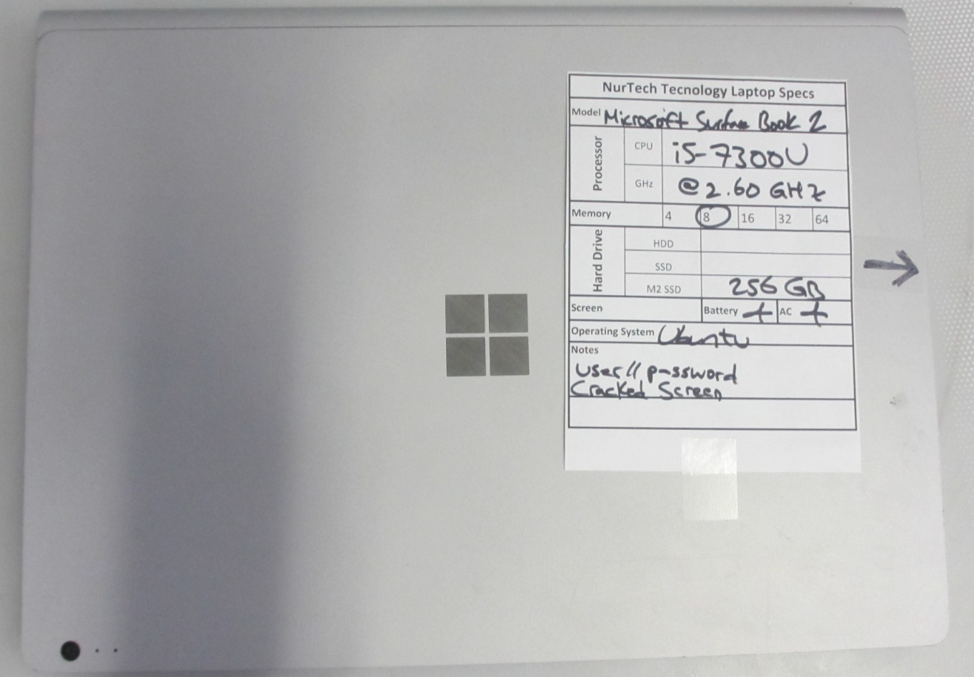 Microsoft Surface Book 2 i5-7300U 2.60GHz 8GB 256GB Ubuntu Laptop + AC READ