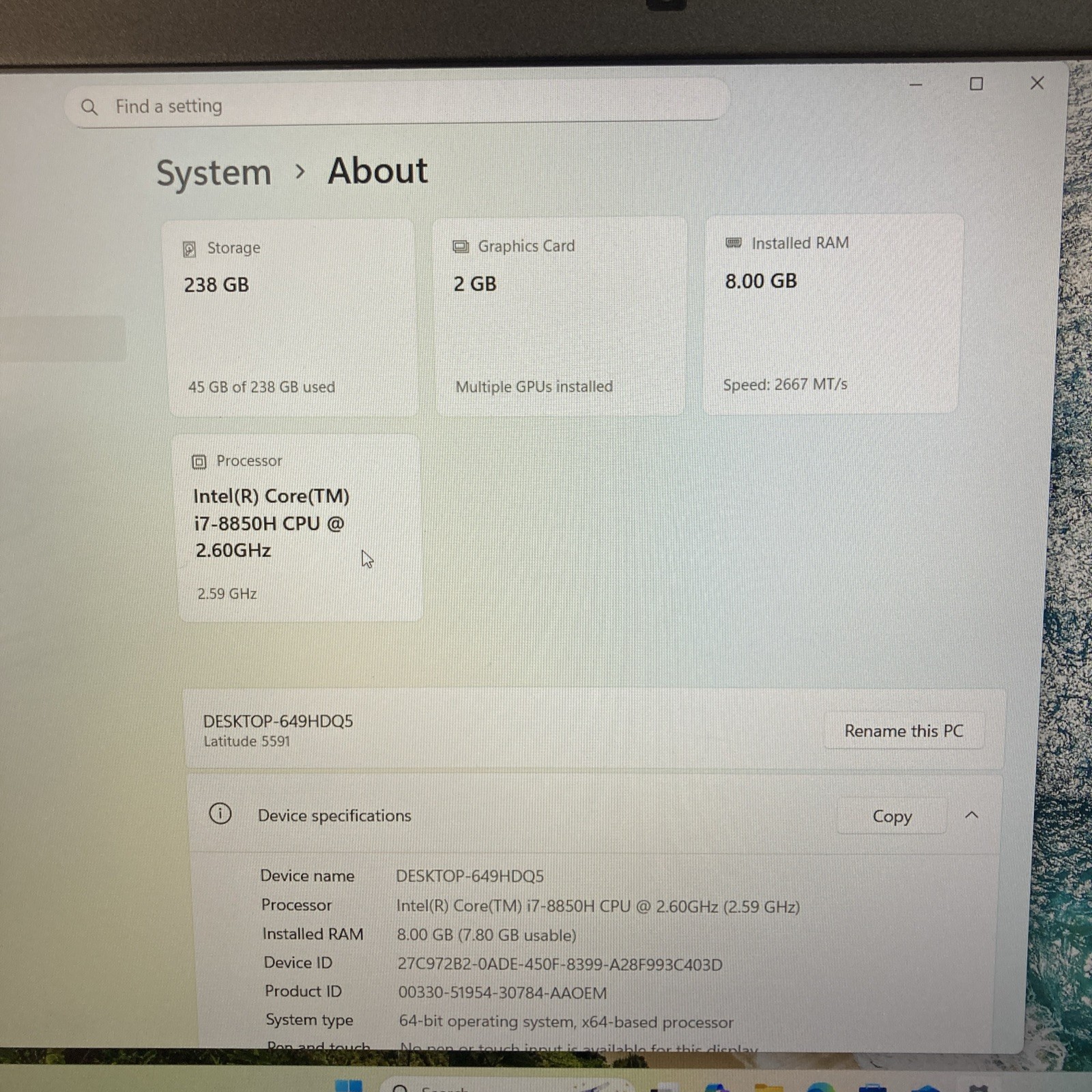 Dell Latitude 5591 i7-8850H 2.60 GHz 8Gb SSD 256Gb Win 11