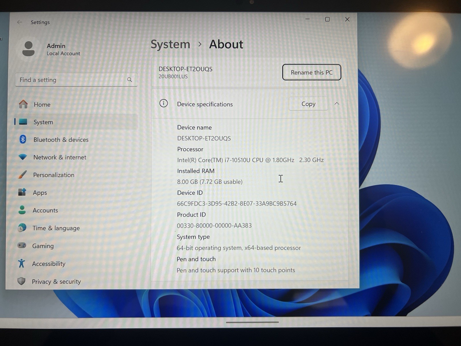 Lenovo ThinkPad X1 Yoga Gen 5 Intel i7-10510U 1.80GHz 8GB RAM 512GB M.2 W11P TS