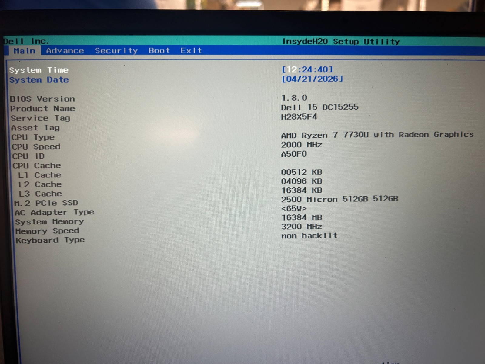DELL 15 DC15255 G8MK9, AMD Ryzen 7 7730U, 2.00 GHz, 16 GB RAM, 512 GB NVMe