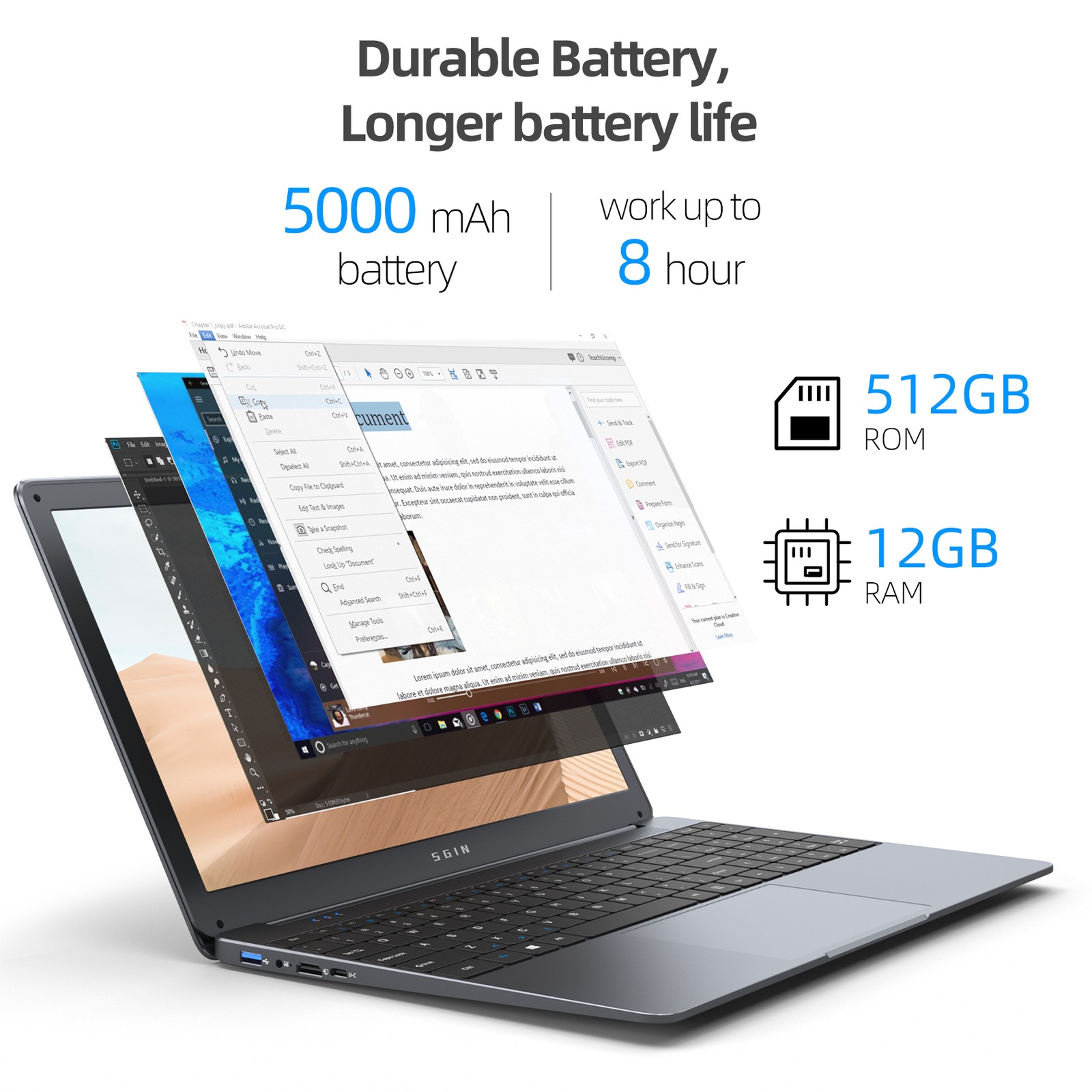 SGIN 15.6 inch Laptop 8GB 12GB RAM+256GB 512GB SSD Intel Celeron WIFI Windows 11