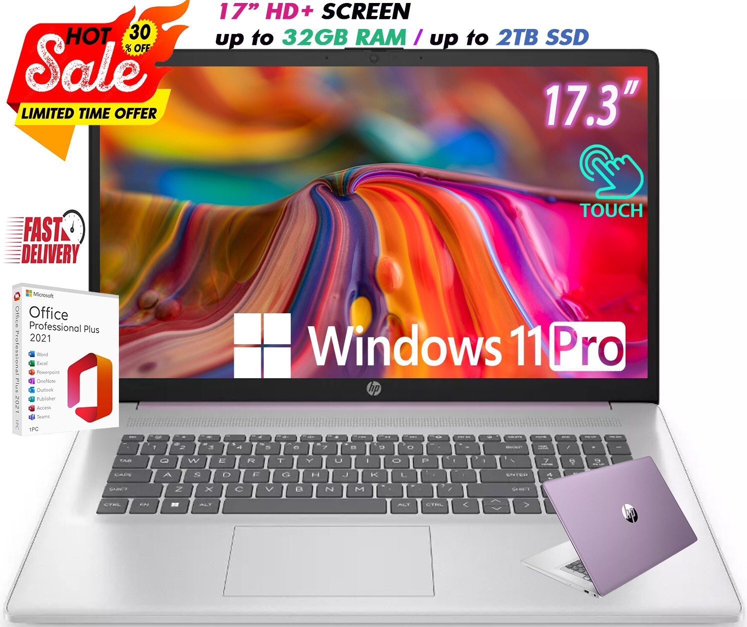 HP Laptop 17.3″ HD+ Intel N200 Up to 32GB RAM& 2TB SSD Win11 Pro+OFFICE Lavender