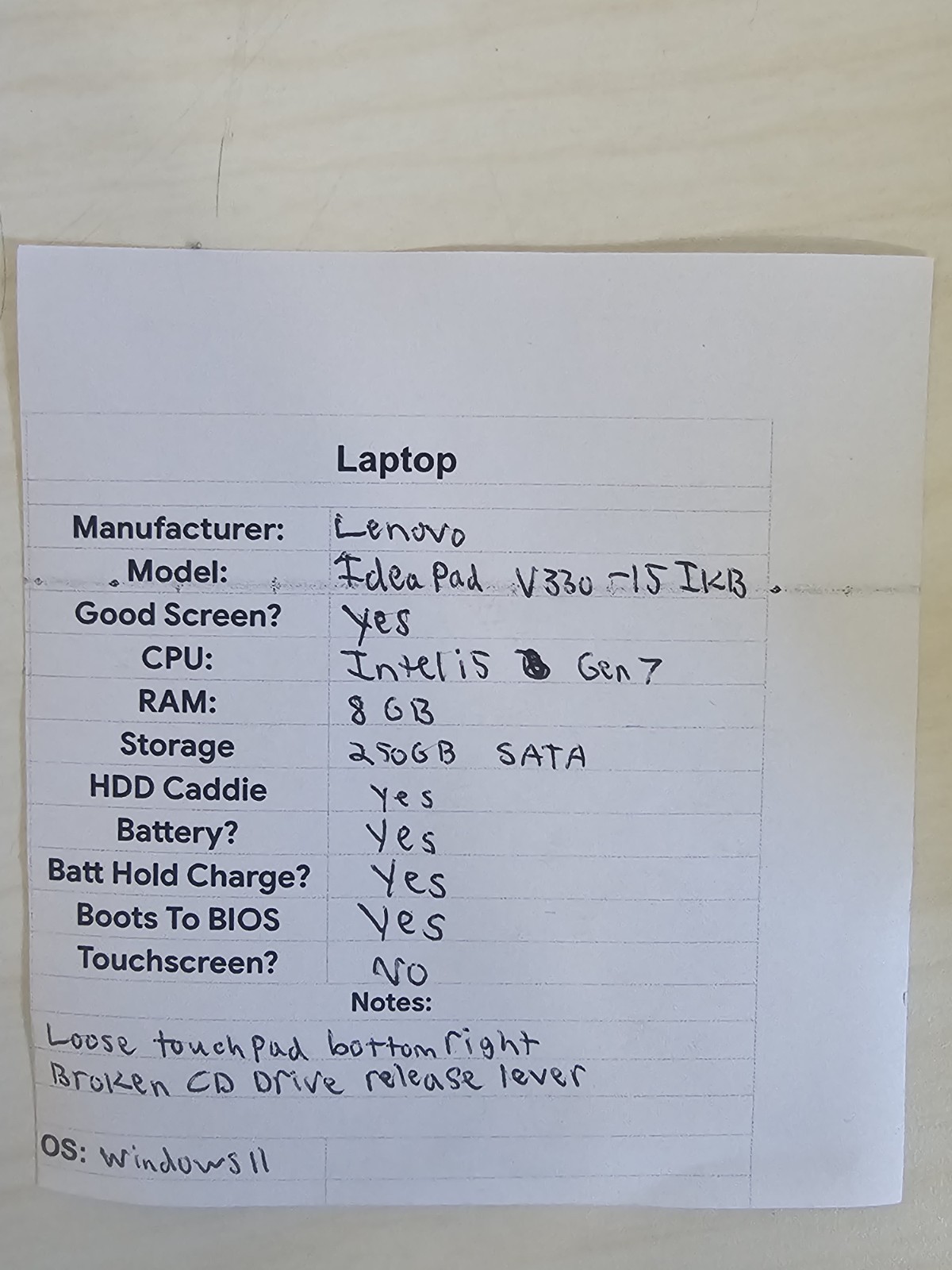 Lenovo IdeaPad V330-15IKB Laptop – i5 Gen 7 – 8GB RAM – 250GB SATA – Win 11 Read
