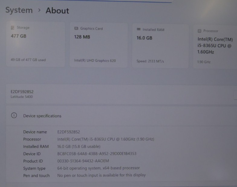 Dell Latitude 5400 i5-8365U 16 GB RAM 500 GB NVMe Win 11 Pro-PAYTECK COMPUTER