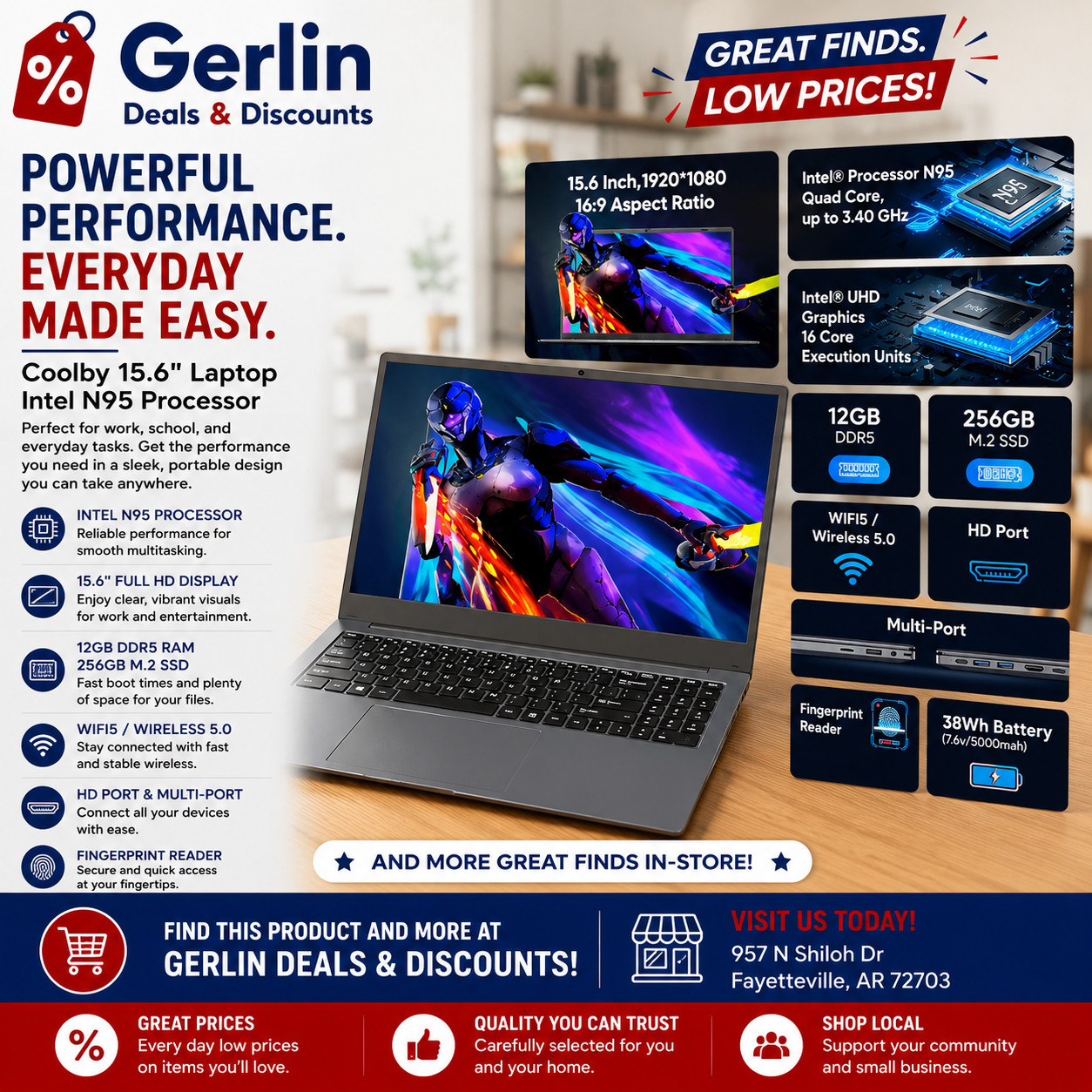 Coolby 15.6inch Laptop, 12GB RAM/256GB SSD, 1920×1080 IPS Display, Intel N95