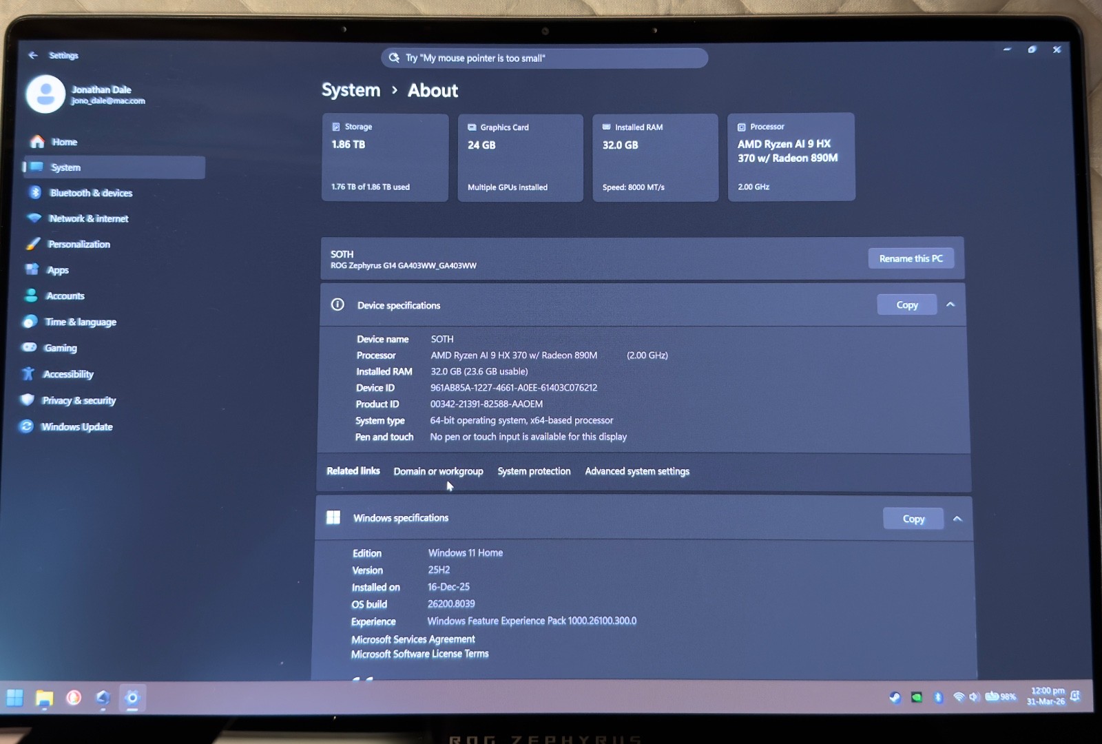 ASUS ROG Zephyrus G14 (2025) Ryzen AI 9 HX370 + NVIDIA 5080 + 32GB RAM + 2TB M.2