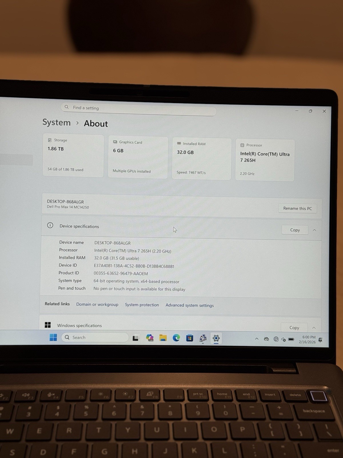 Dell Pro Max 14 MC14250 – Intel Core Ultra 7 265H, 32GB RAM, 2TB SSD RTX PRO 500