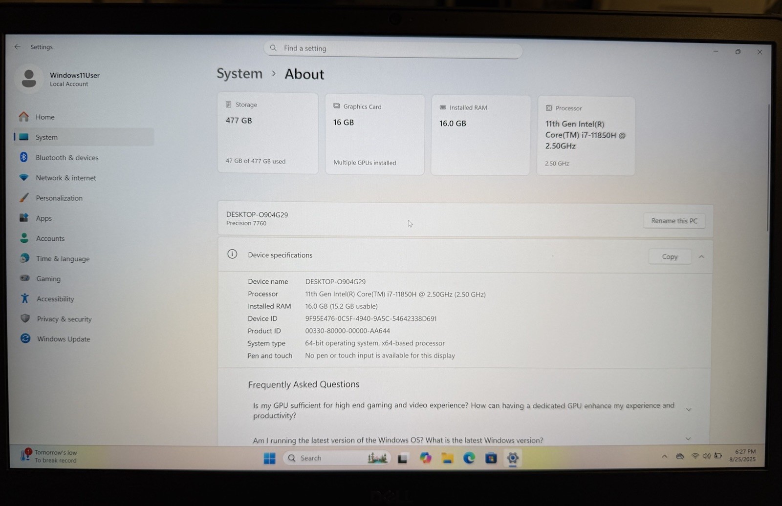 Dell Precision 7760 – i7 – RTX A5000 16GB GPU – 16 GB RAM – 512 GB SSD – 4K