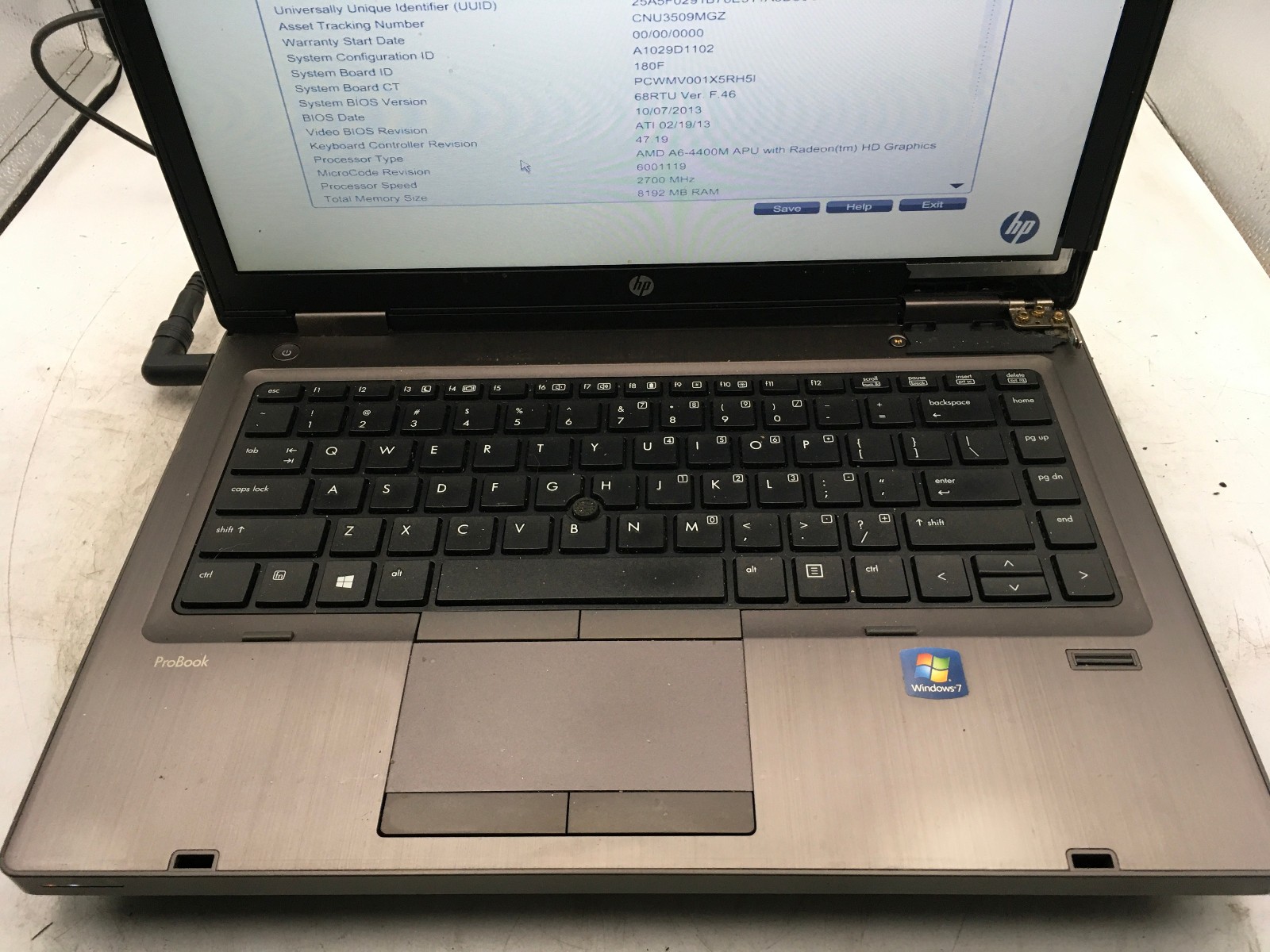 HP PROBOOK 6475B – BOOTS TO BIOS – AMD A6 4400M – NO RAM – READ DESCRIPTION -BB
