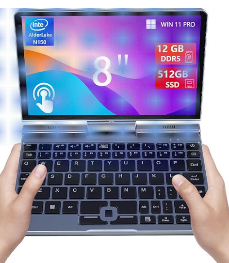 KOOFORWAY 8 Inch 2-in-1 Mini Laptop,HD Rotatable BP8(12GB+512GB), Silver