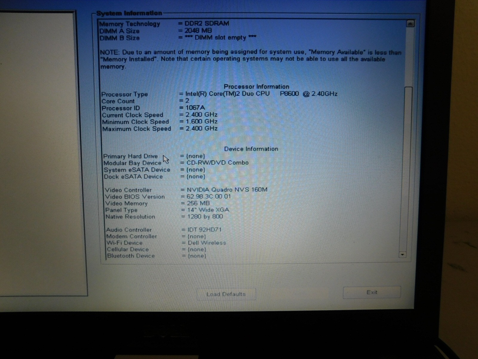 Dell Latitude E6400 Laptop – Core 2 duo P8600 – 2GB RAM – NO HDD – Boots to BIOS