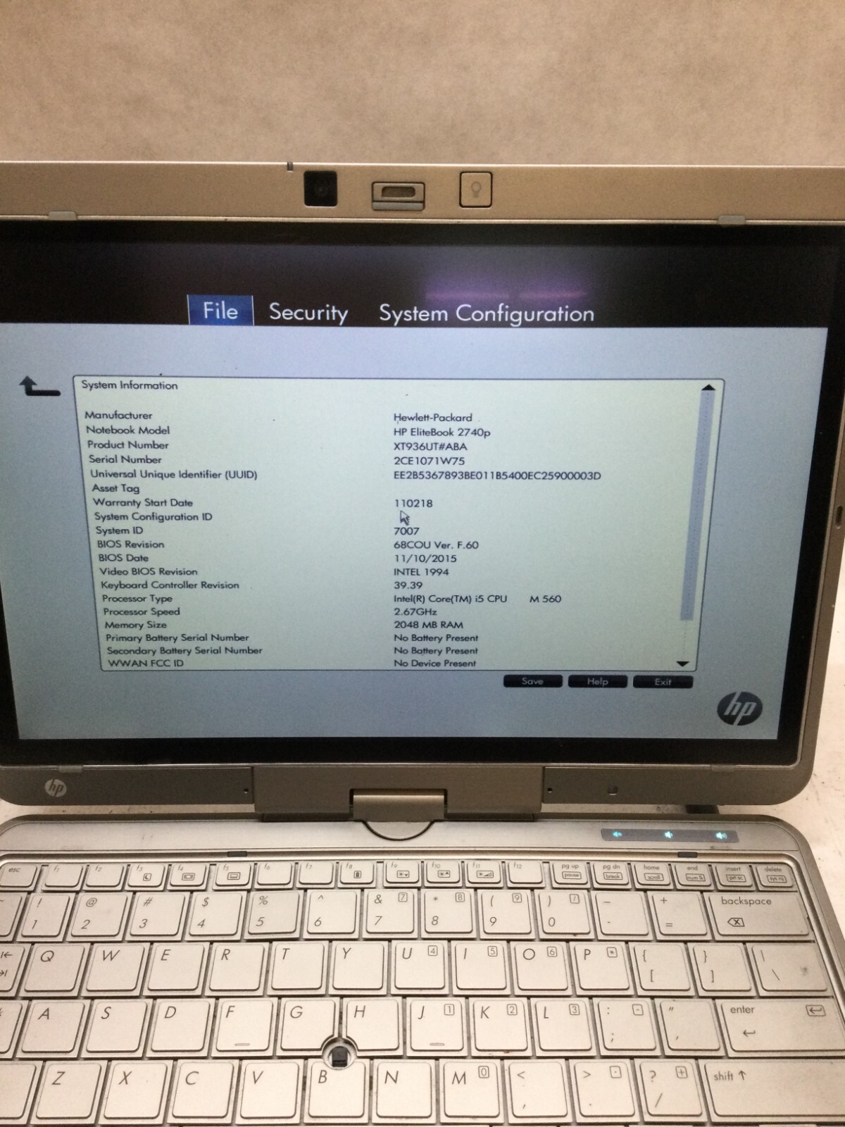 HP EliteBook 2740p 12.1″ Laptop Intel i5-560M 2.67GHz 2GB RAM NO HDD/OS Parts DW