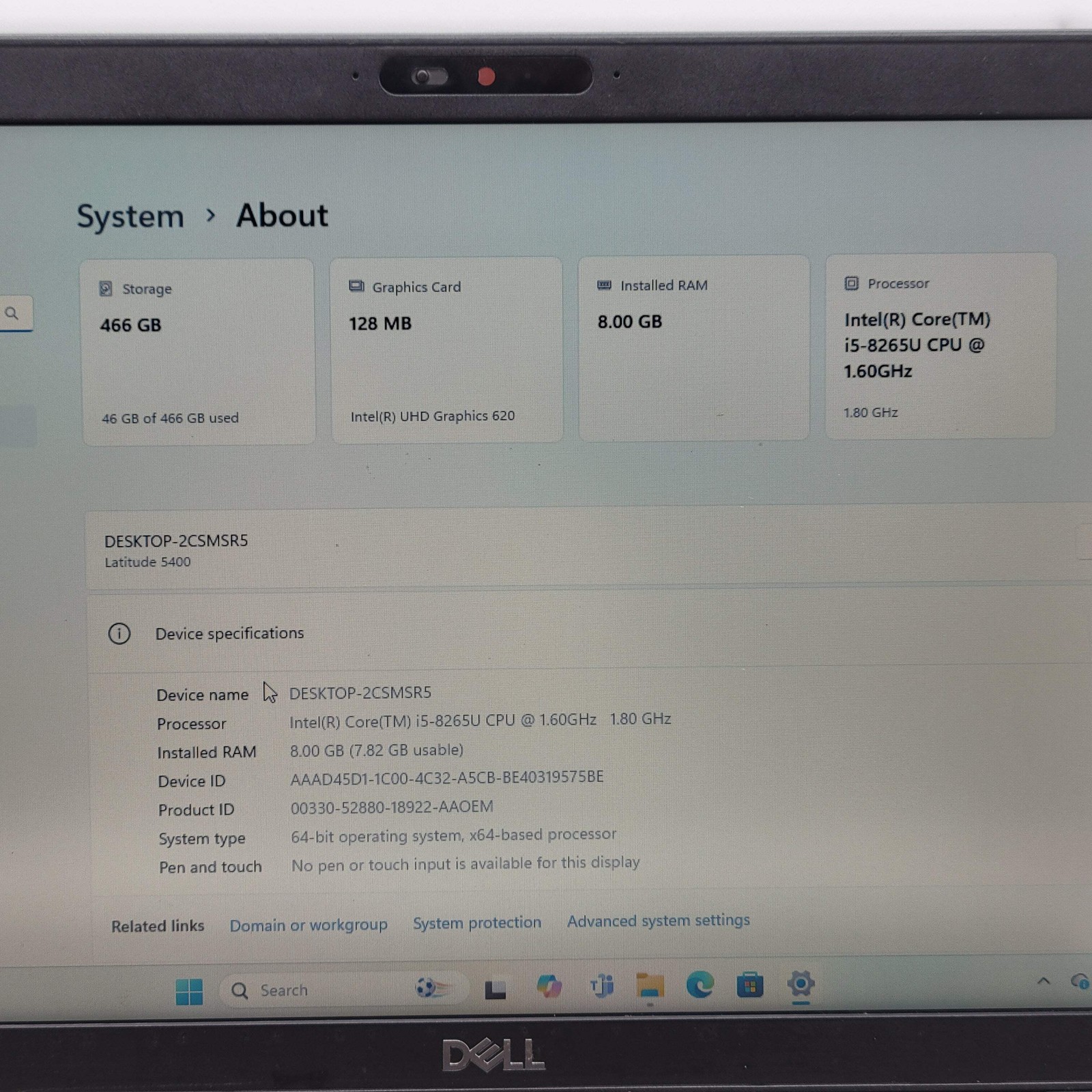 Dell Latitude 5400 14″ i5-8265U 1.6GHz 8GB RAM 500GB SSD