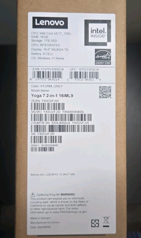 New Lenovo Yoga 7 2-in-1 16″ – Intel Ultra 7 155U – 16GB RAM 1TB SSD – WARRANTY