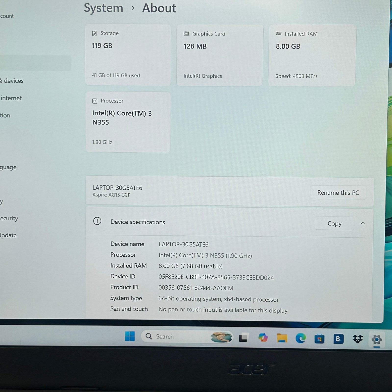 Dell Aspire Go 15 Laptop – Intel Core TM 3 N355, 8GB RAM, 128GB SSD, w/ Charger