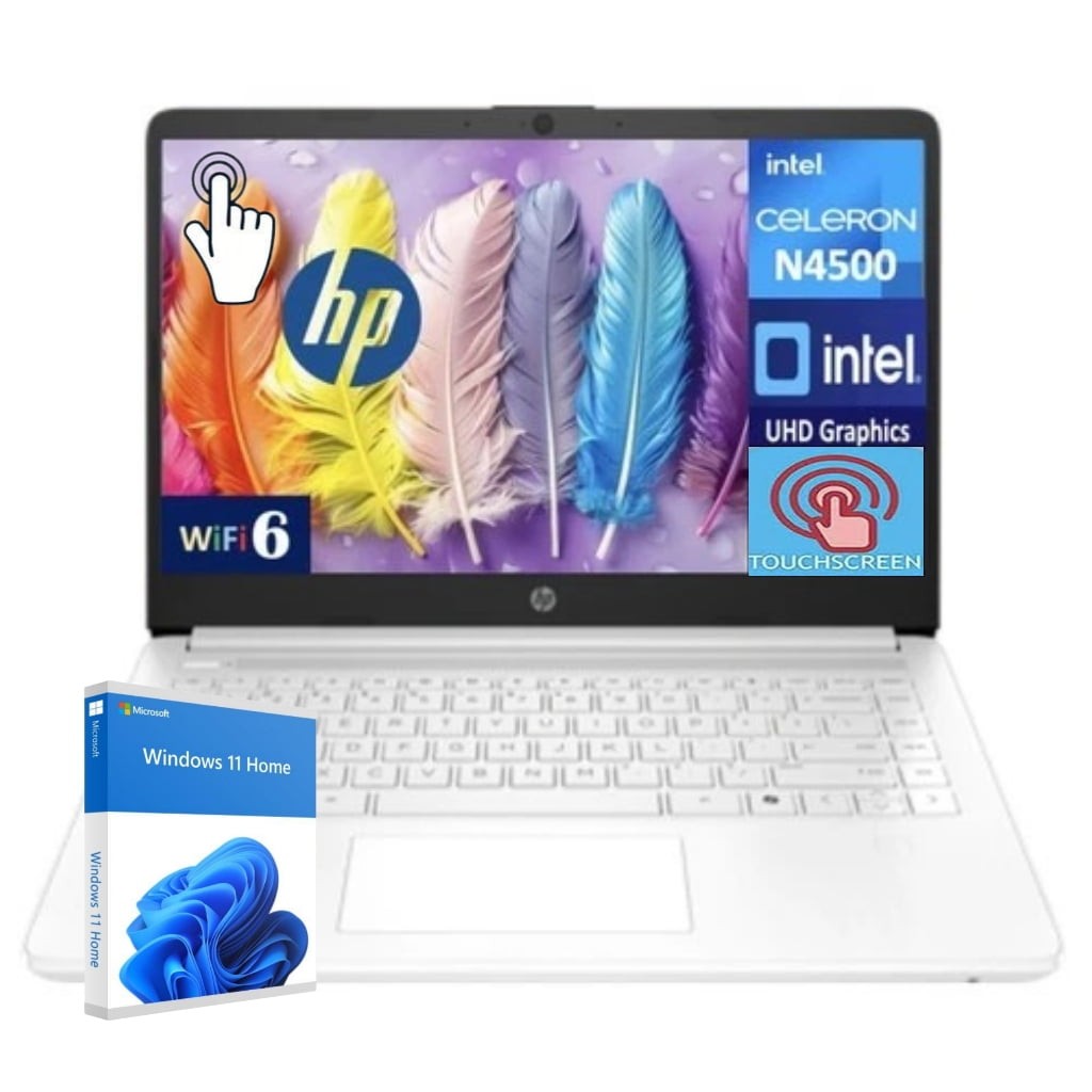 HP 14 inch Laptop, HD Touchscreen Display, Intel Celeron N4500, Snowflake White