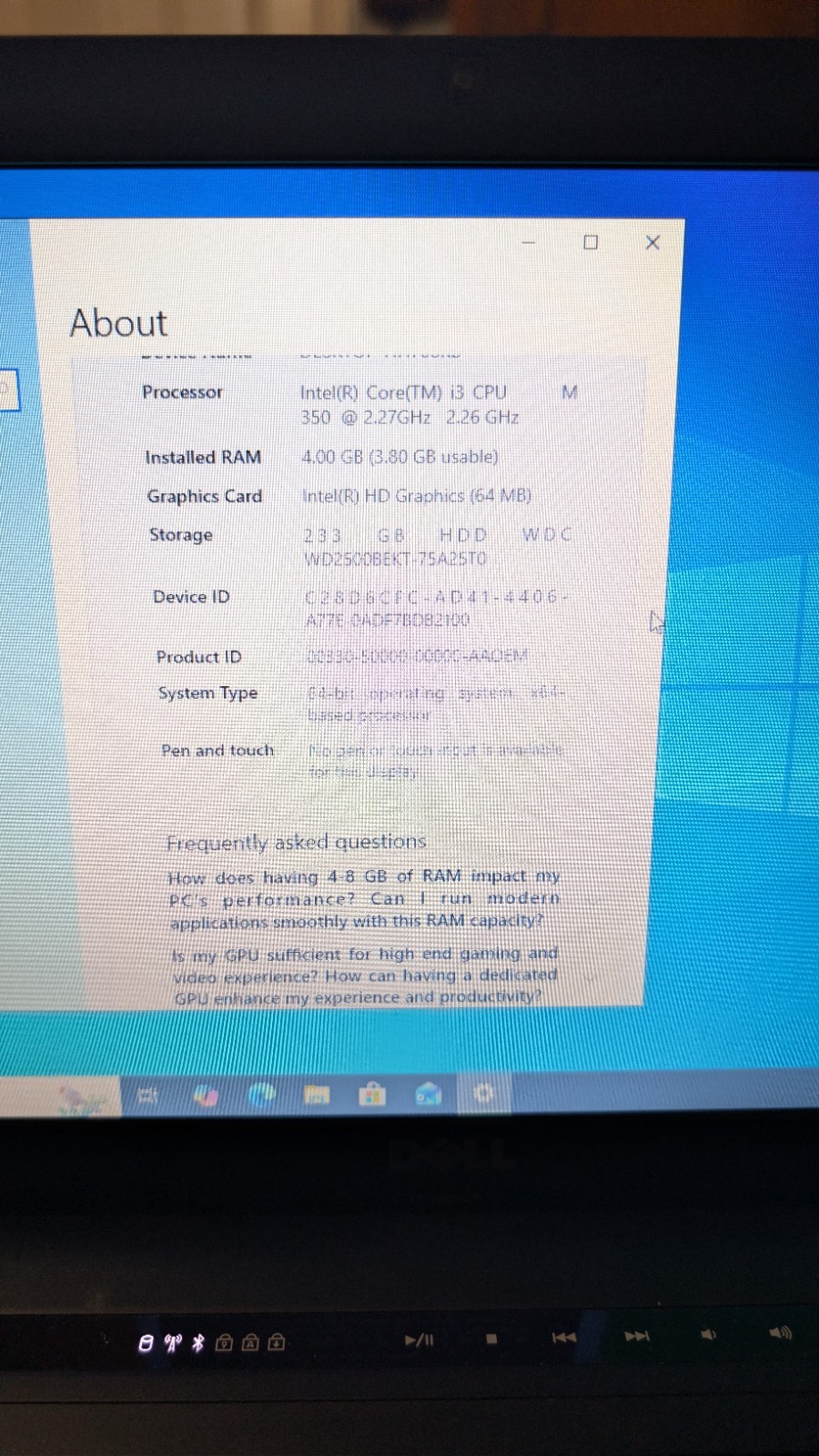 DELL VOSTRO 3500 PC LAPTOP INTEL CORE I3 M 350 2.26ghz 4GB 500GB WIN 10 PRO
