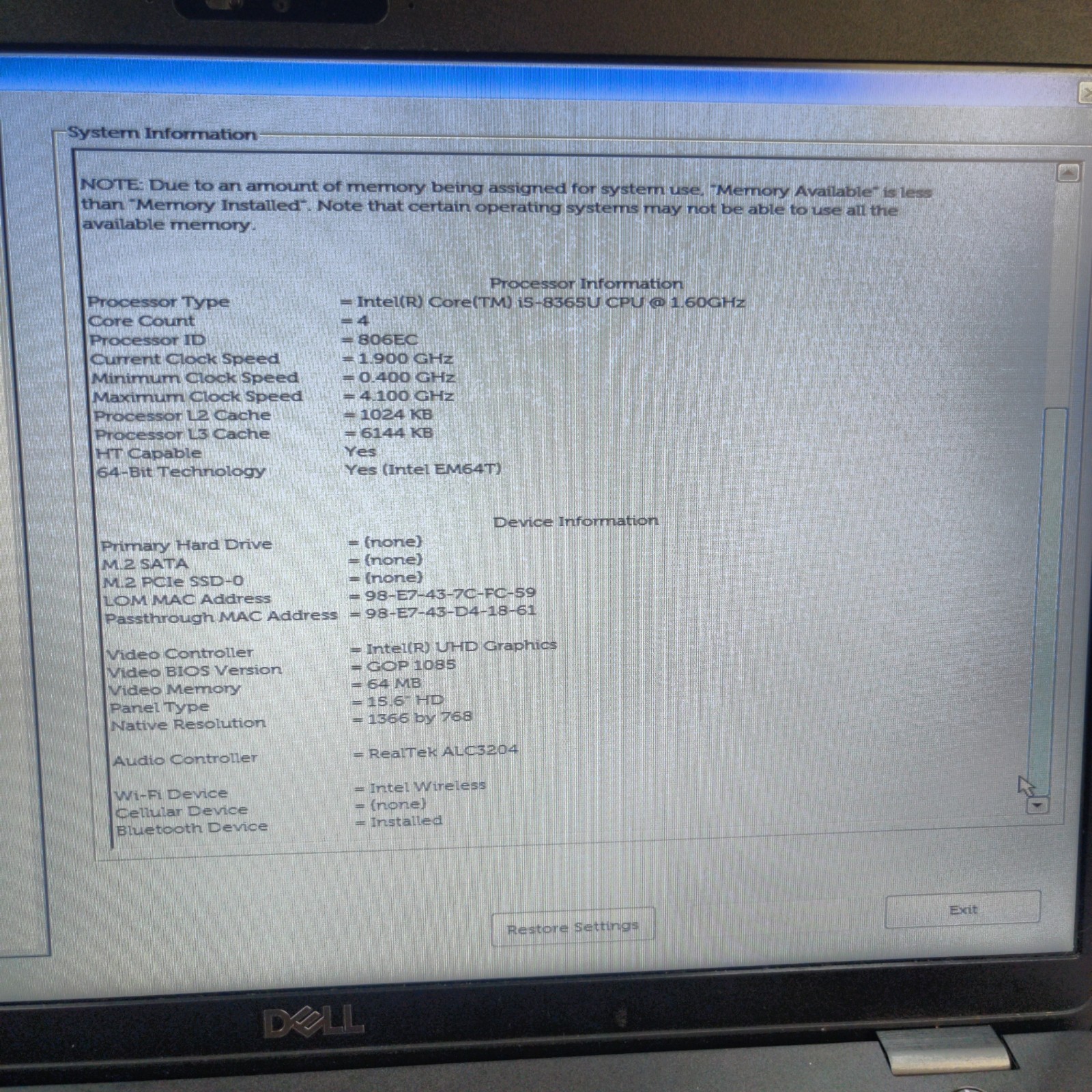 Dell Latitude 5500 15.6″ i5-8365U 1.60GHz 16GB RAM No SSD/OS/AC GOOD CONDITION