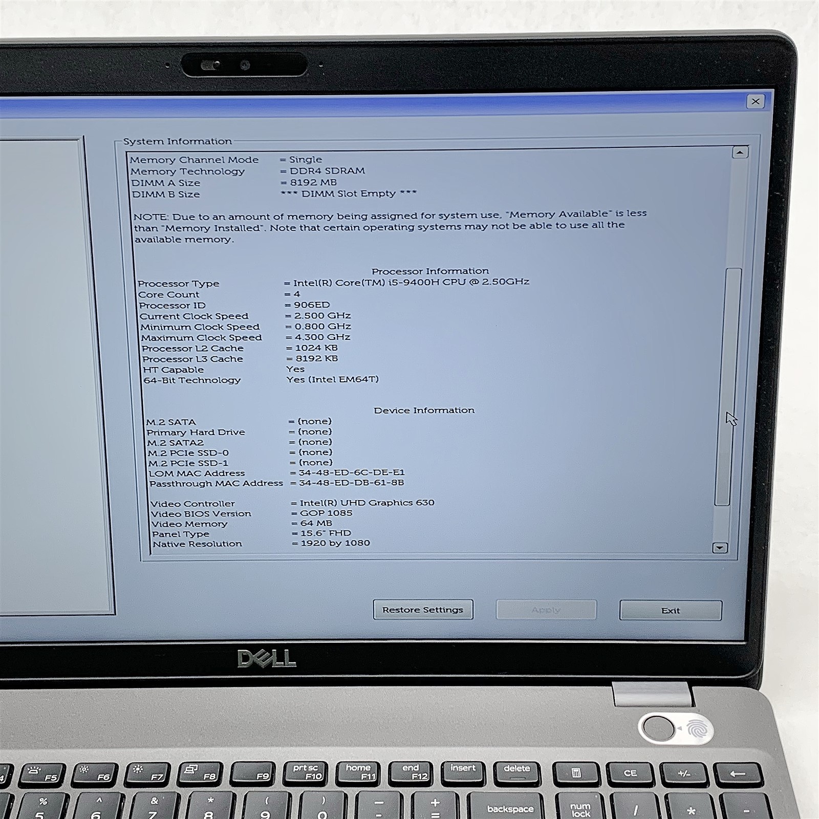 Dell Latitude 5501 Laptop Intel Core i5 9400H 2.50GHZ 15.6″ FHD 8GB RAM NO HDD