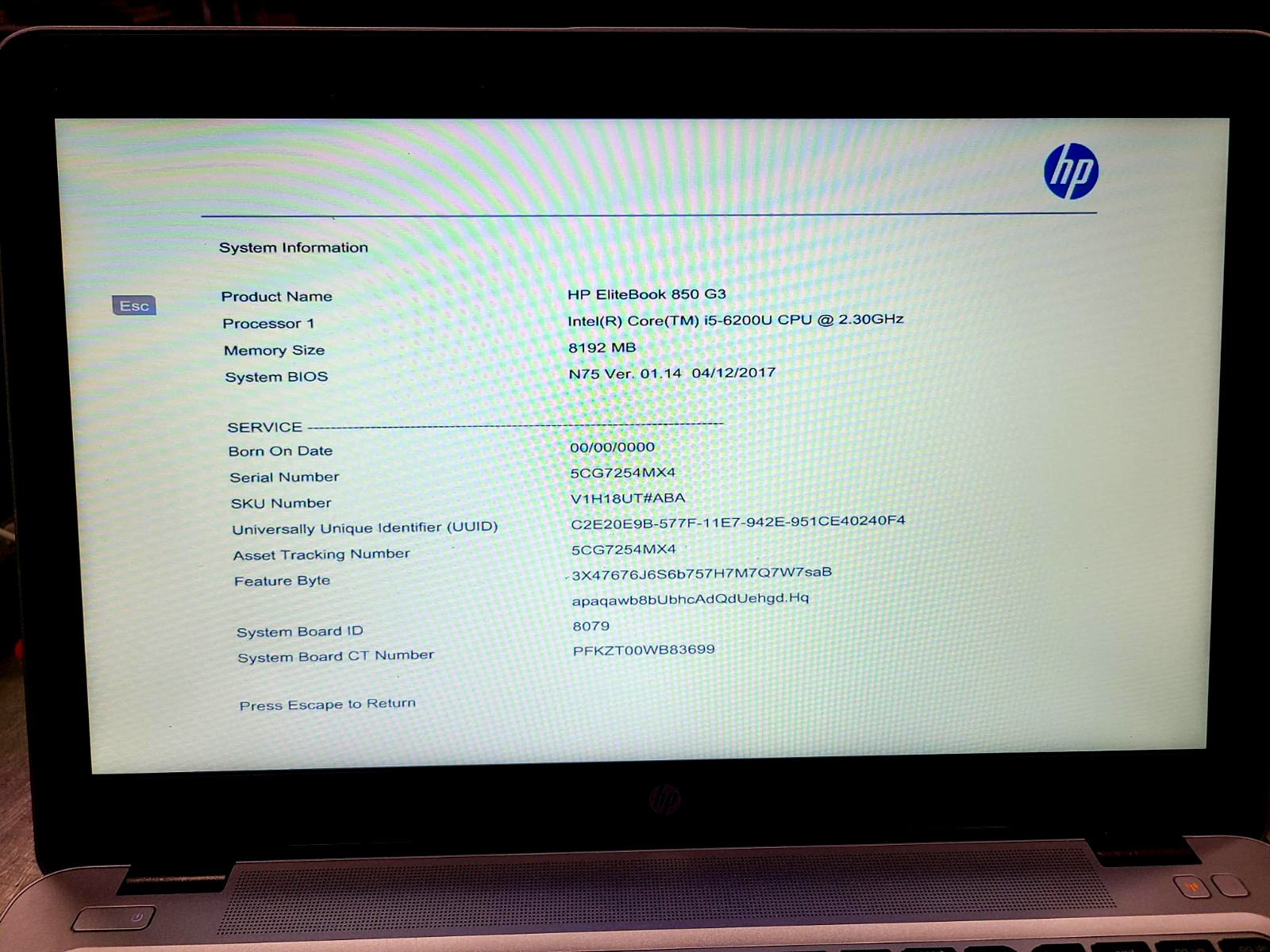 HP EliteBook 850 G3 15.6 I5-6200U 2.30 8GB, 256SSD Laptop charger included