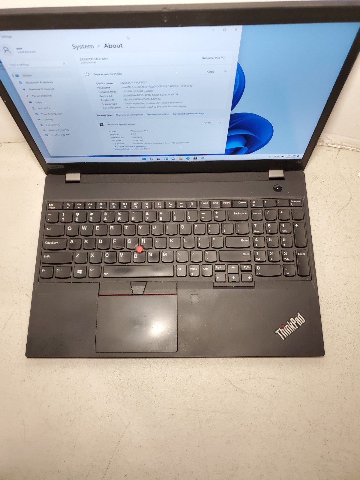 Lenovo ThinkPad T15 15.6″ Laptop i5-10210u 16GB RAM 256GB SSD Win11 #69