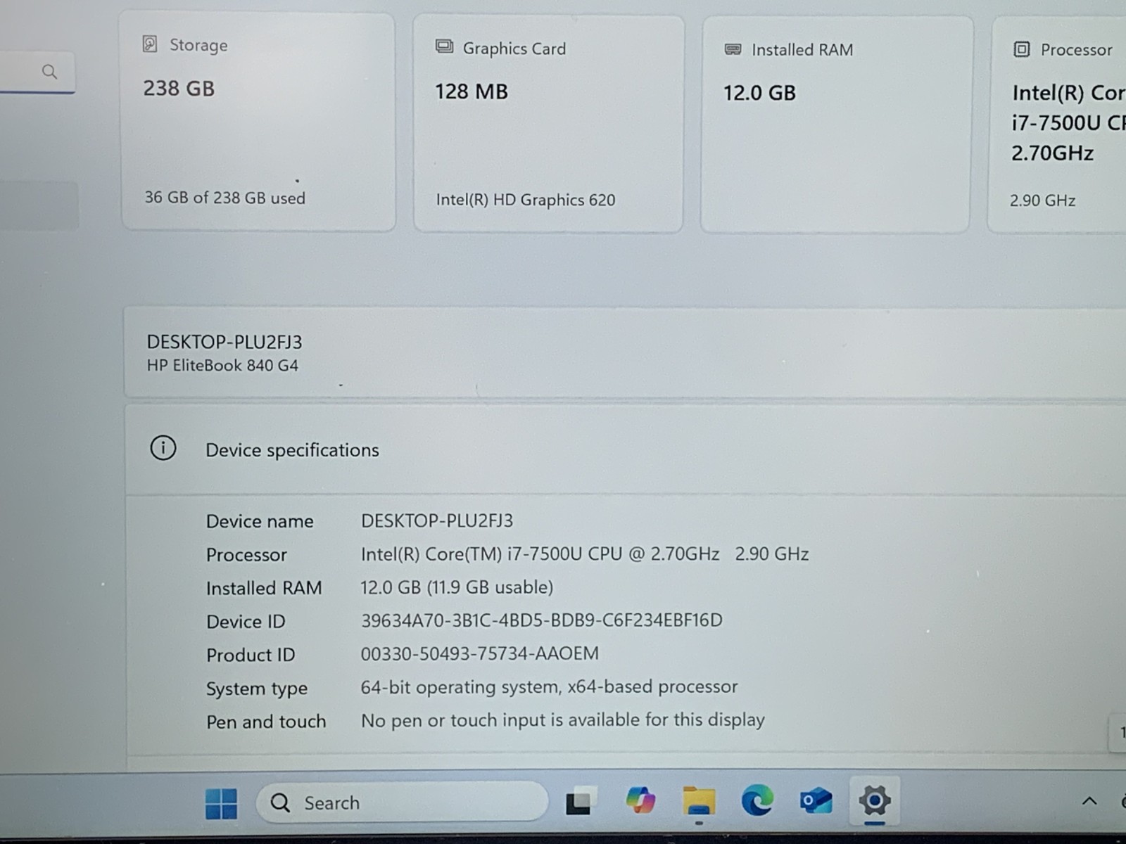 HP ELITE BOOK 840 G4 i7-7500U@2.7GHz 12GB RAM 256GB NVMe W11P WAC *READ