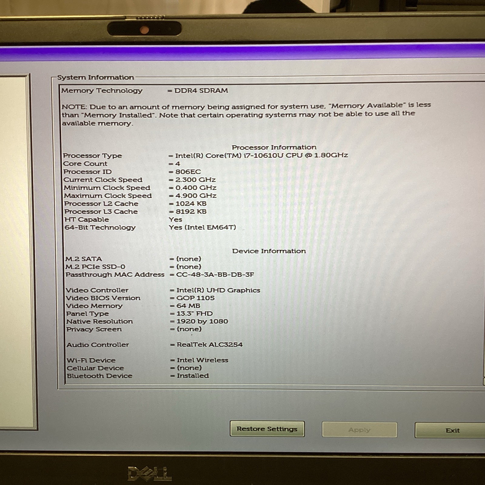 Dell Latitude 7310 Intel Core i7-10610U 1.80GHz 16GB RAM NO SSD/OS/CHARGER