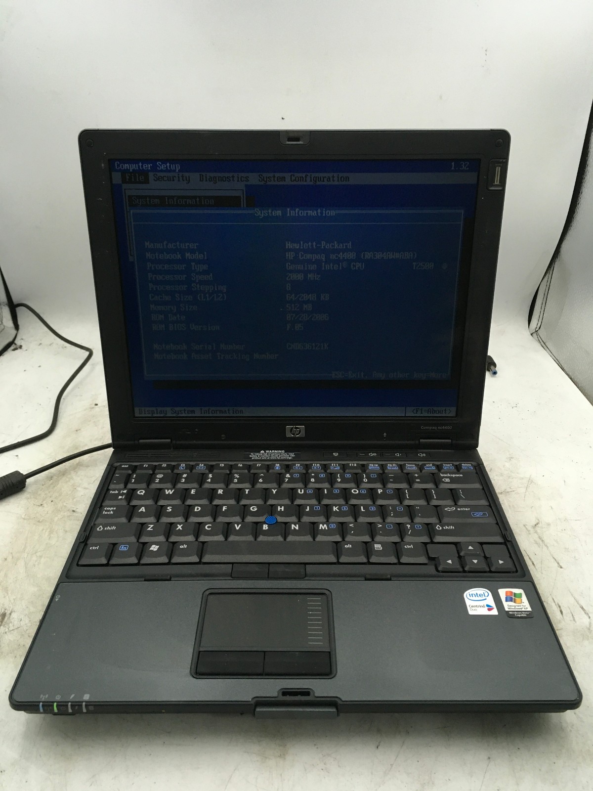 HP COMPAQ NC4400 – BOOTS TO BIOS – INTEL CENTRINO – 512MB RAM – READ DESCRIP -BB