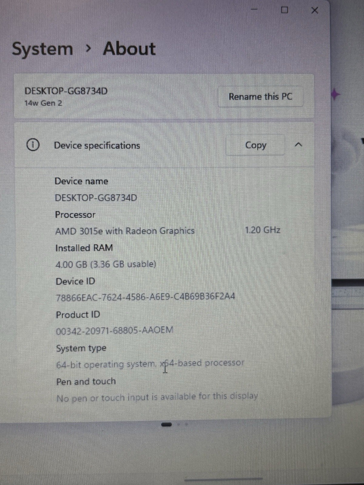 Lenovo 14W Gen 2 | AMD 3015e with Radeon Graphics | 4GB RAM |