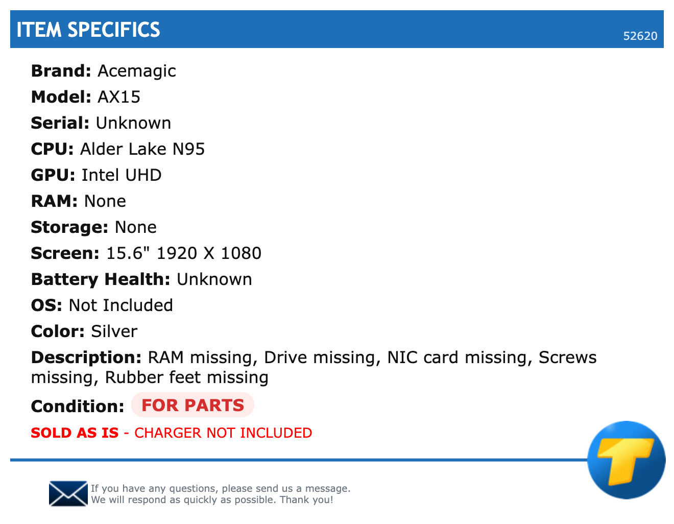FOR PARTS: Acemagic AX15 – 15.6″ FHD, Alder Lake N95, NO RAM, No Storage