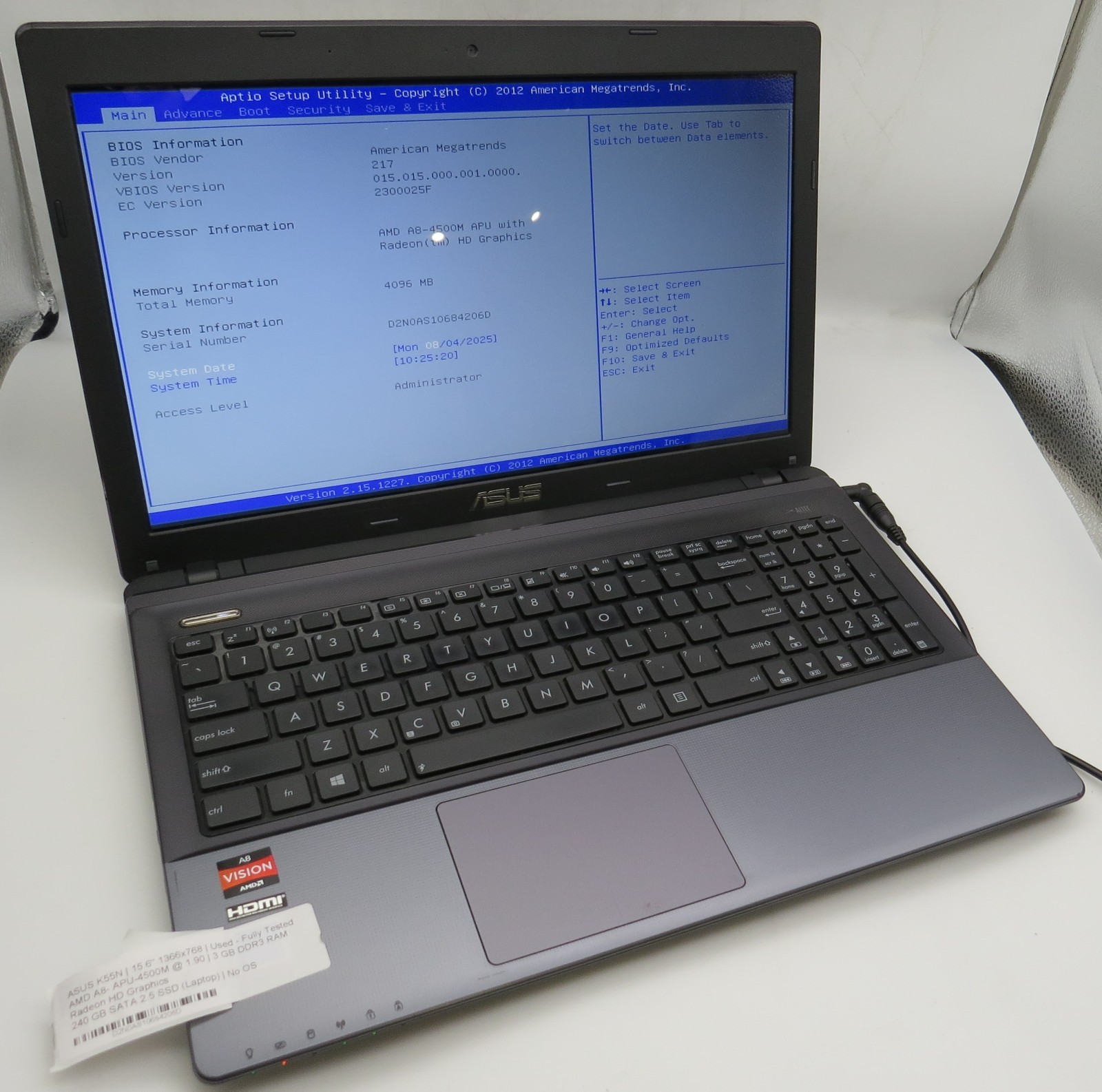 ASUS K55N-15.6″-AMD A8-APU-4500M@1.9GHz-3GB RAM-240GB 2.5 SSD-NO OS