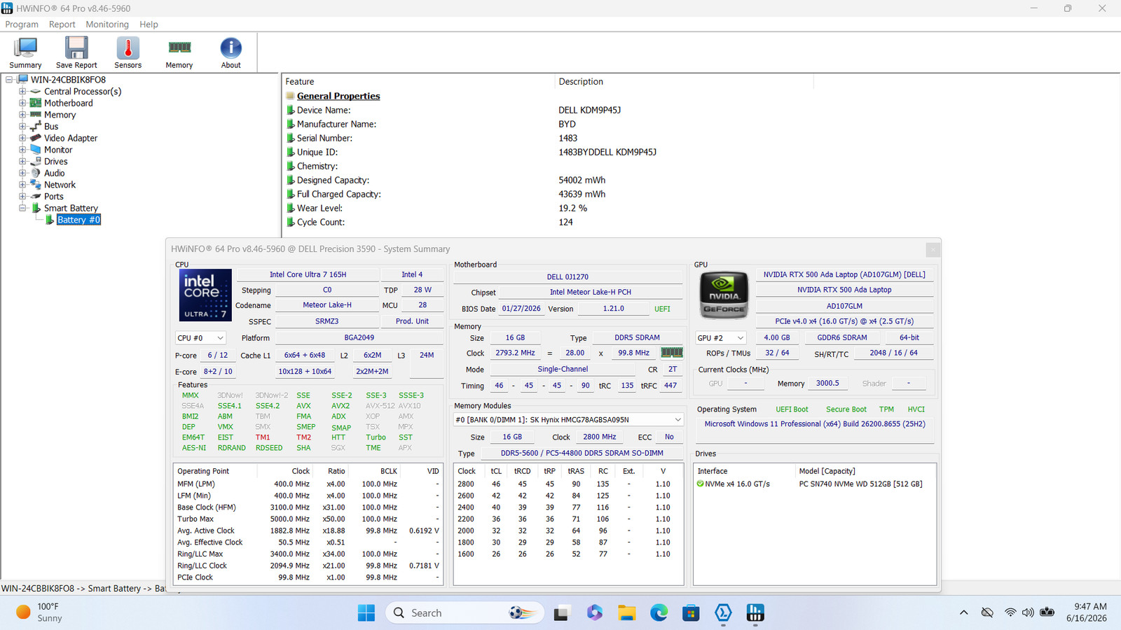 Dell Precision 3590 15 Core Ultra 7 165H RTX 500 Ada 16GB 512GB Grade D