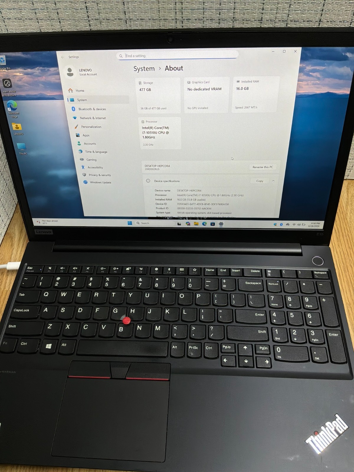 Lenovo ThinkPad E15 Intel Core i7-10510U 16GB RAM 512GB SSD Windows 11 Pro