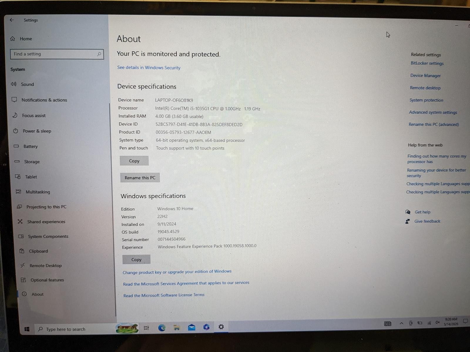 MICROSOFT SURFACE LAPTOP GO (1943) i5-1035G1 @ 1.0GHz, 4GB RAM, 64GB SSD