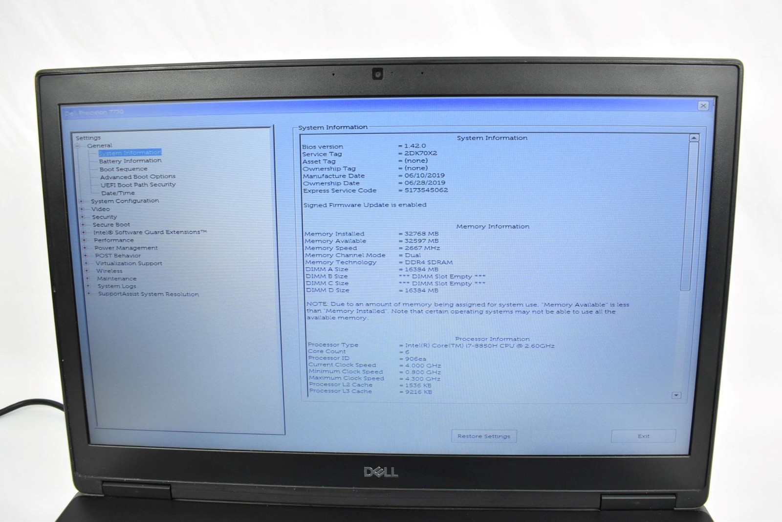 Dell Precision 7730 i7-8850H 2.6GHz 32GB 256GB SSD No OS 17.3″ Quadro P3200
