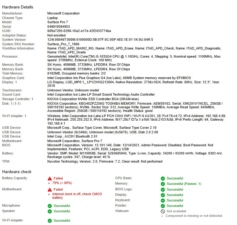 Mircosoft Surface Pro 7, i5-1035G4 CPU @ 1.10GHz, 8GB RAM, 256GB NVMe-No OS/AC