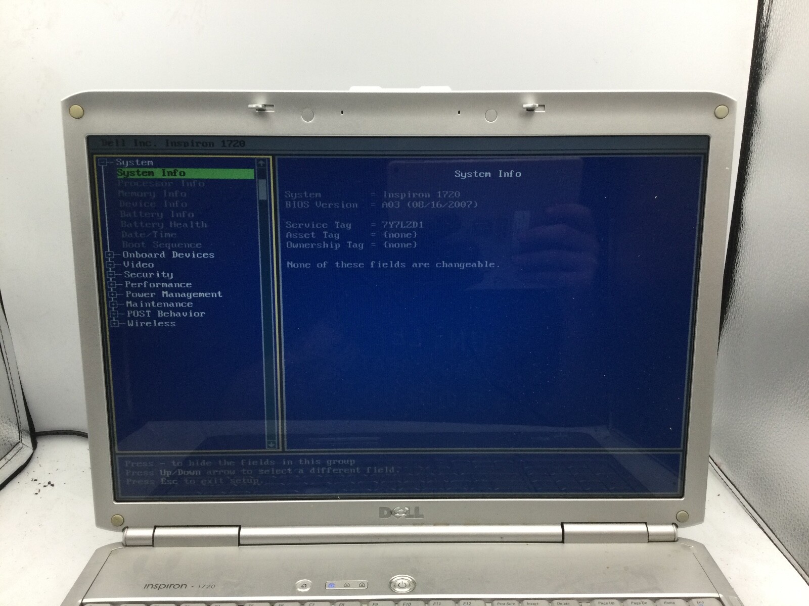 DELL INSPIRON 1720 – BOOTS TO BIOS – INTEL CORE 2 DUO – 512MB RAM -READ DESC- BB