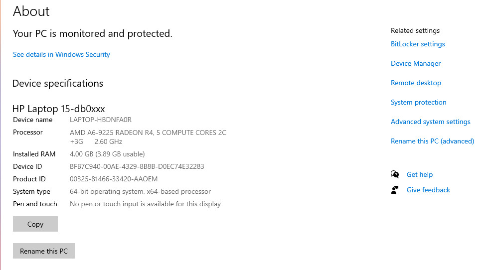 HP laptop15-db0083nr AMD A6-9225 Dual-Core proceesor, 1TB HDD 4GB Ram