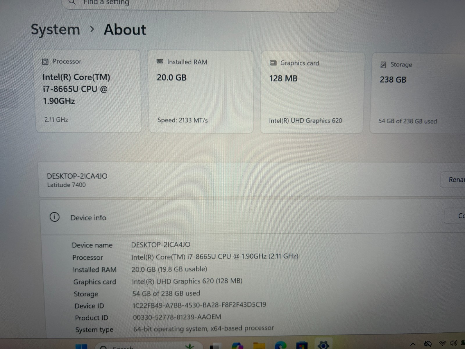 Dell LATITUDE 7400, i7-8665U, 20 GB RAM, UHD Graphics 620, 14 INCH SCREEN