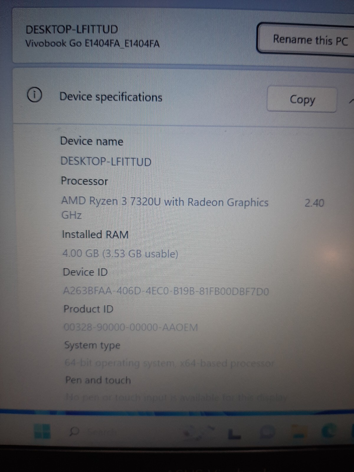 Asus VivoBook Go E140FA RYZEN 3 7320U 4GB RAM 256B SSD Win 11 #97