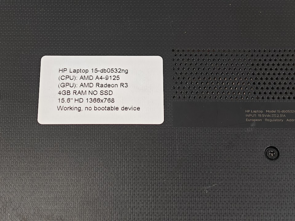 HP 15-db0532ng Laptop – AMD A4, 4GB RAM, no SSD, no Bootable Device