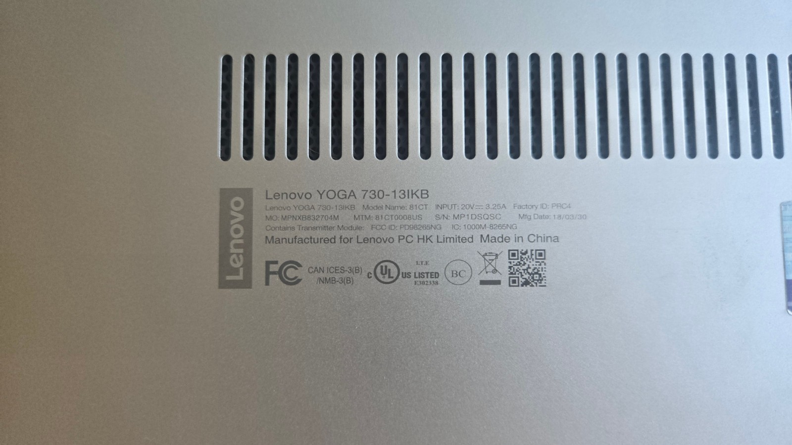 Lenovo YOGA 730-13IKB 81CT Core i5-8250U @1.6GHz 8GB Ram – NO SSD, FOR PARTS