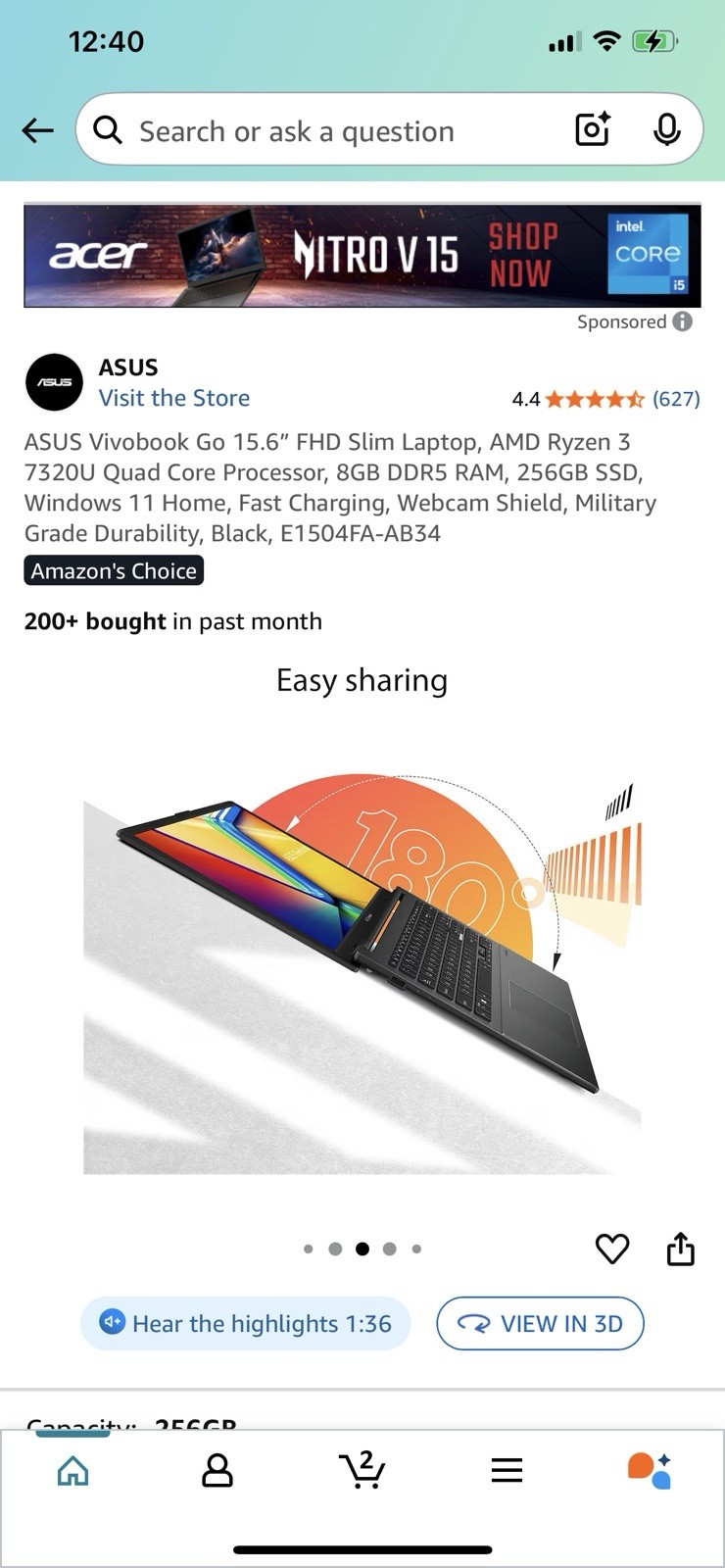 ASUS Vivobook Go 15.6” FHD Slim Laptop, AMD Ryzen 3 7320U