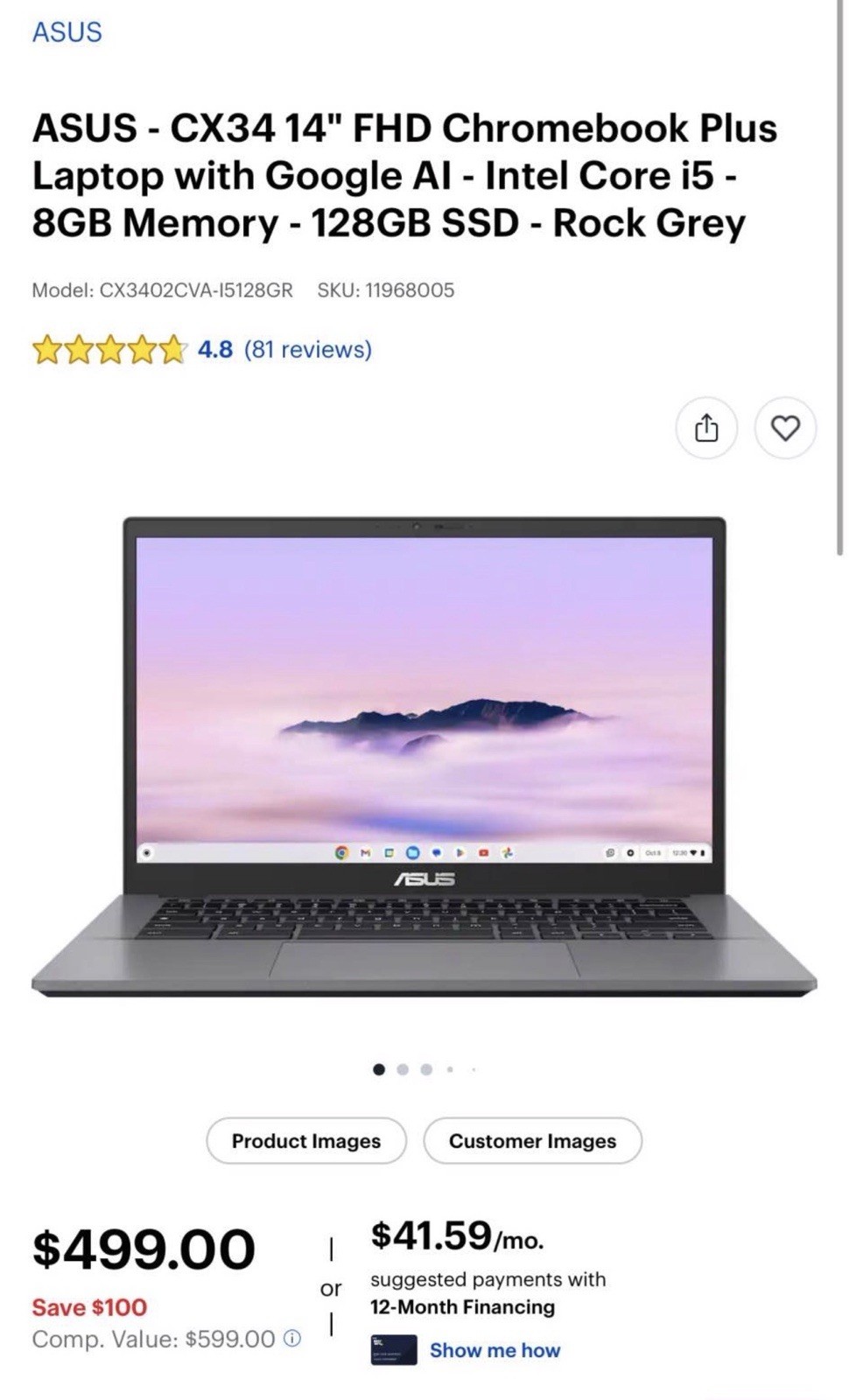 ASUS CX34 Chromebook Plus 14″ FHD Intel Core i5 8GB 128GB SSD Chrome OS Gray